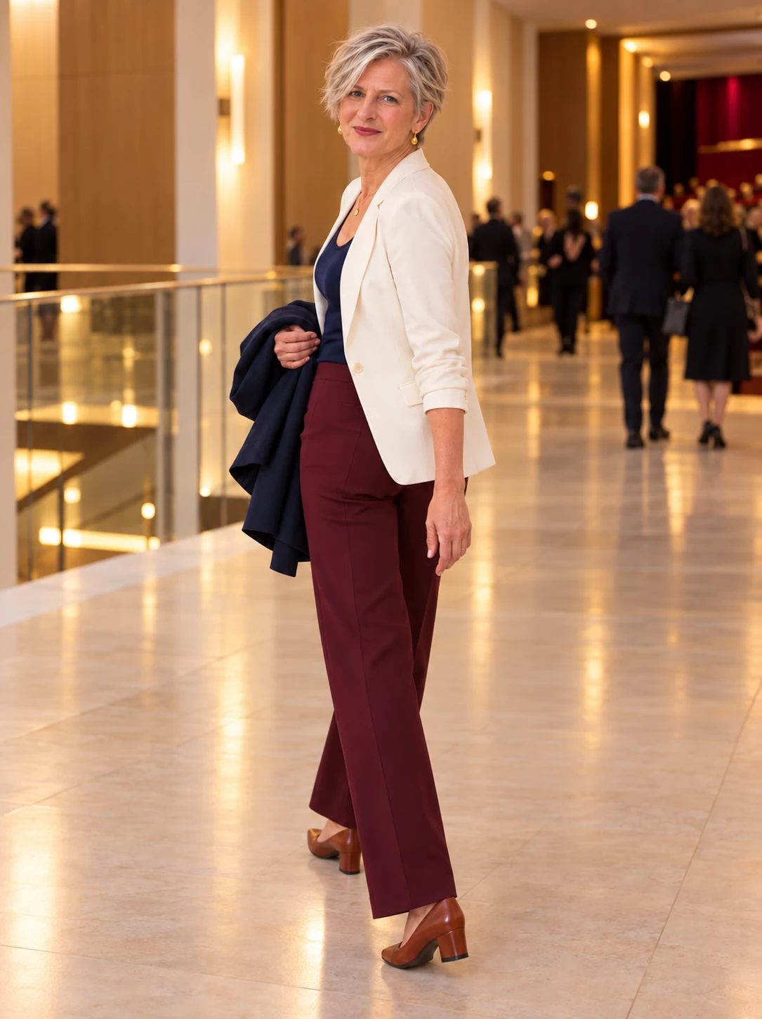 KI-generierte Stilidee: Tessa in Elfenbein, Marine und Bordeaux im Theaterfoyer