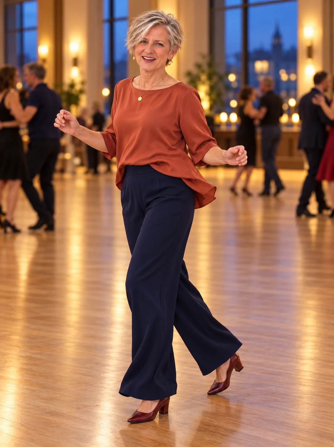 KI-generierte Stilidee: Tessa tanzt in Kupfer und Marine