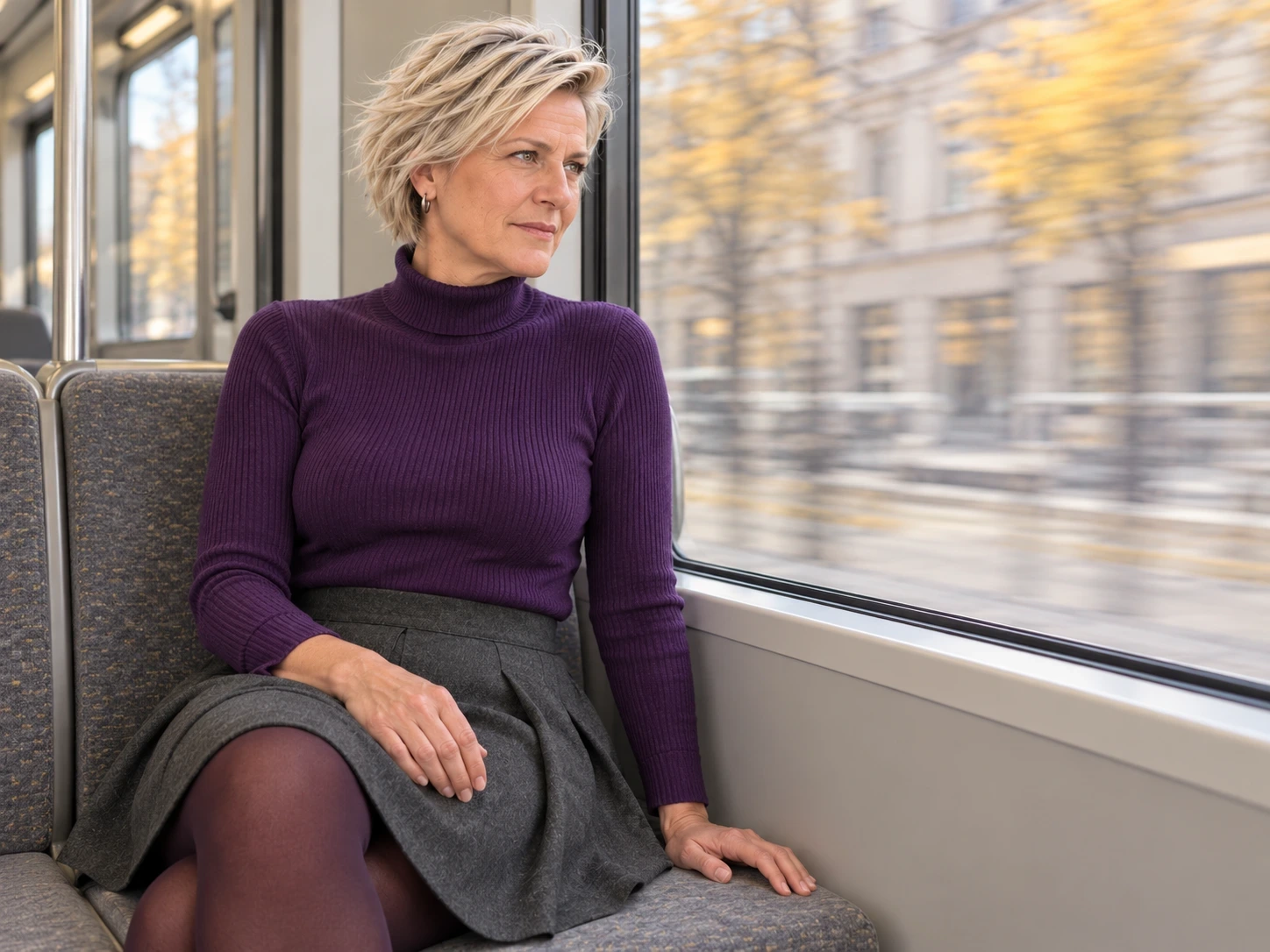 KI-generierte Stilidee: Tessa in Pflaumenstrick und grauem Rock am Fenster einer Straßenbahn